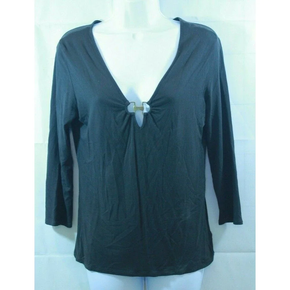 Michael Kors Blouse Black Top Long Sleeve Keyhole Neckline Womens Size M